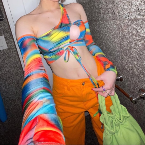 Orange and Blue Asymmetrical Crop Top with Tie Front - Picture 1 of 8
